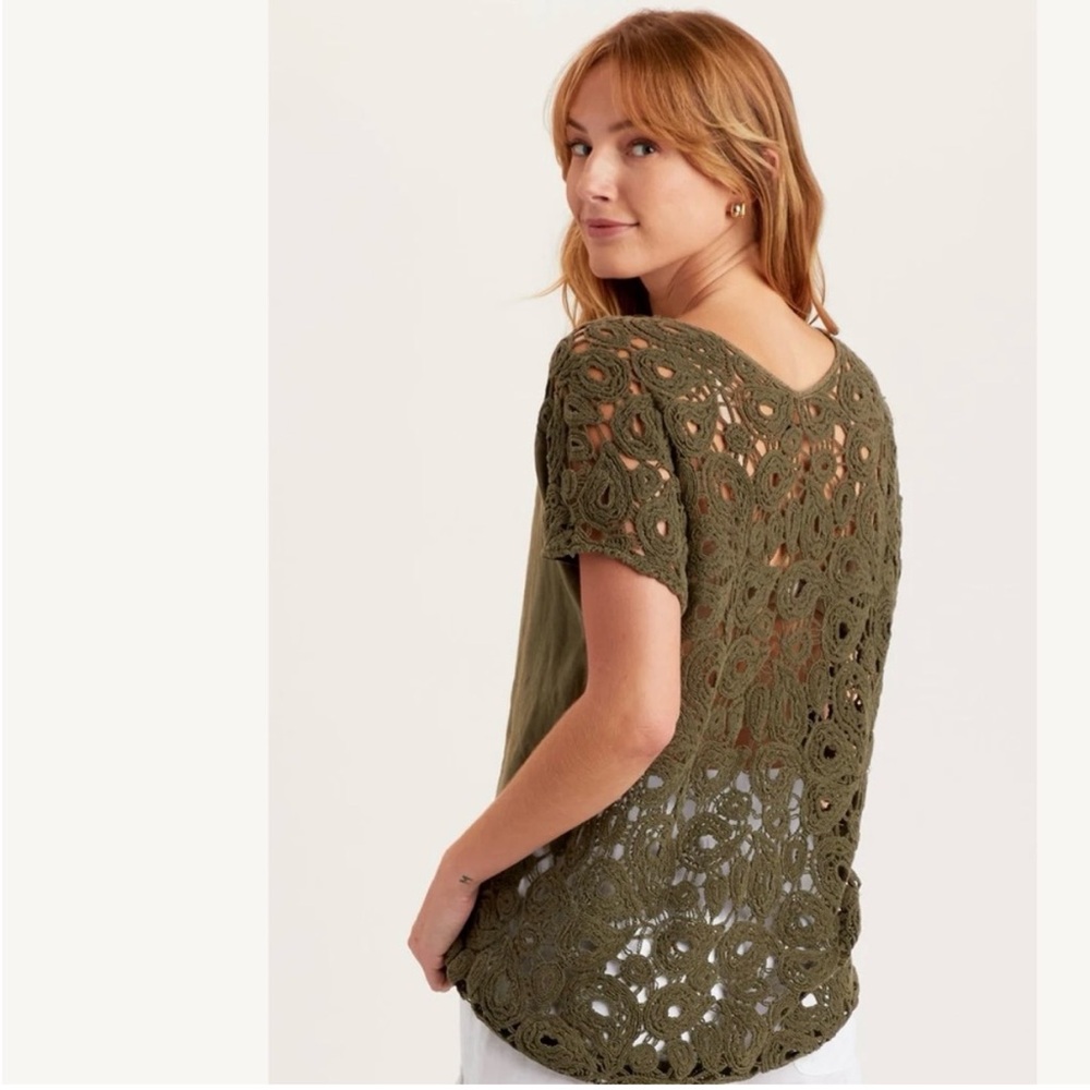 XCVI Chastain Top Crochet Lace Back Leafy Green Linen + Cotton Short Sleeve